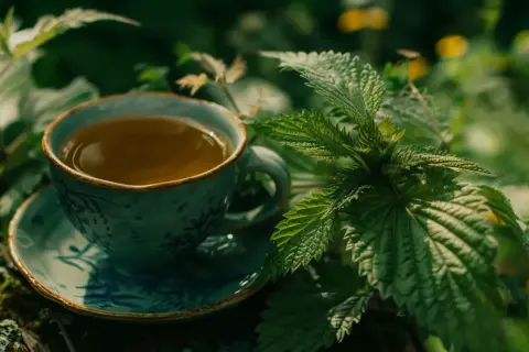 Herbatka z pokrzywy, która na co pomaga, w filiżance wśród zieleni.