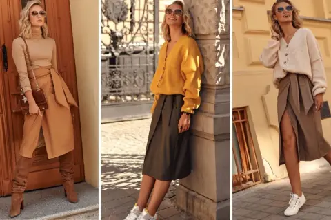 Eleganckie spódnico-spodnie do kolan w odcieniach brązu i zieleni, zestawione z swetrami i botkami lub sneakersami.