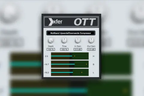 Xfer Records OTT multiband compressor interface. Controls for Depth, Time, In Gain, and Out Gain are visible.