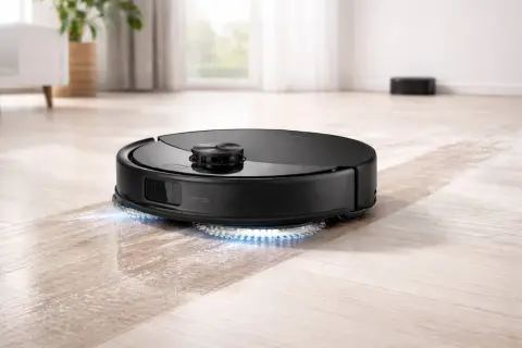 Un robot aspirador negro con luces azules limpia un suelo de madera. Así es como funciona un robot aspirador.