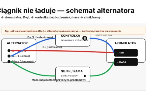 Schemat alternatora ciągnika. Sprawdź, jak alternator ładuje, analizując połączenia z akumulatorem, kontrolką i masą.