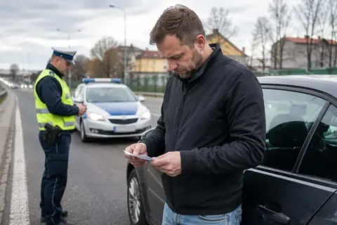 Mężczyzna czyta dokument, gdy policjant stoi obok radiowozu. Może to być mandat lub decyzja o zabraniu prawa jazdy.