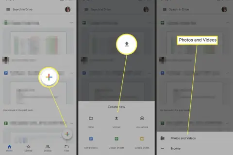 Tap "Photos and Videos" to add them to Google Drive. The interface shows options to upload files.