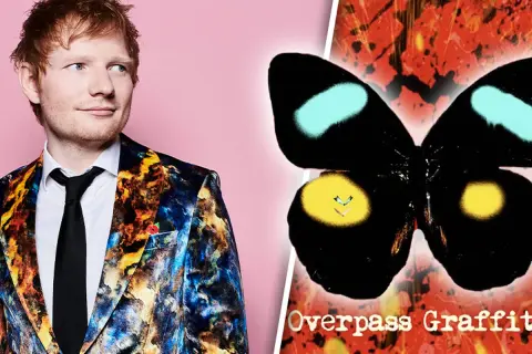 Ed Sheeran in einem bunten Anzug neben einem Schmetterling mit dem Titel "Overpass Graffiti".