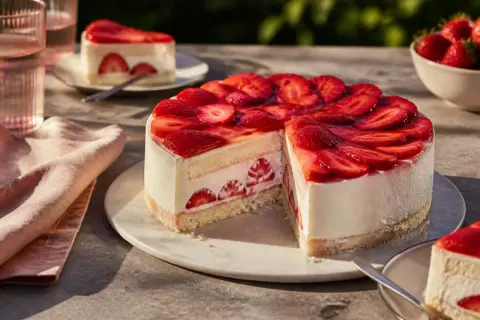 Eine köstliche Erdbeer Mascarpone Torte, üppig belegt mit frischen Erdbeeren und einem Hauch von Gelee. Ein Stück ist bereits angeschnitten.