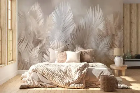 Eleganckie aranżacje sypialni z tapetą w liście paproci tworzą przytulną atmosferę. Miękkie tekstylia i naturalne materiały dopełniają całość.