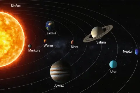 Układ Słoneczny: Słońce, Merkury, Wenus, Ziemia, Mars, Jowisz, Saturn, Uran i Neptun krążą po swoich orbitach.