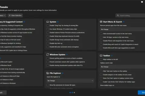 Interfejs programu Windows 11 Debloater z zaznaczonymi opcjami prywatności i AI.