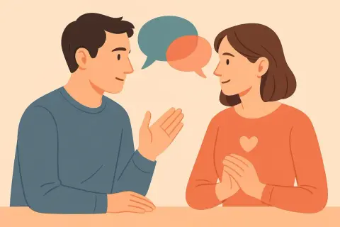Parafraza psychologia: mężczyzna i kobieta rozmawiają, wymieniając myśli. Ich gesty i spojrzenia sugerują aktywne słuchanie i zrozumienie.