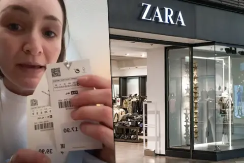 Kobieta pokazuje metki ubrań z Zary, gdzie widoczna jest rozmiarówka damska. Sklep Zara w tle.