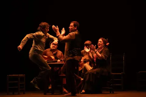 Artistas de flamenco, con guitarras y palmas, dan vida a la escena. El significado de "jalear" se siente en la energía.