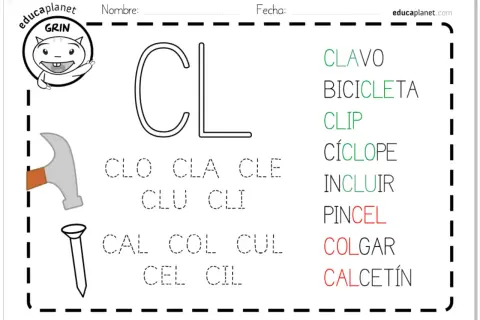 Hoja de trabajo con la letra "CL" y palabras como "clavo", "bicicleta", "clip", "ciclópe", "incluir", "pincel", "colgar", "calcetín". Practica las letras trabadas.