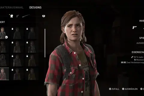Ellie aus The Last of Us 2 im Charakterauswahl-Menü. Sie trägt ein kariertes Hemd und hat das Molotow-Rezept freigeschaltet.