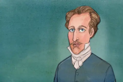 En tecknad porträtt av Gustav IV Adolf med blå ögon och en vit halsduk.