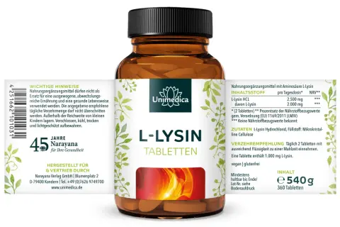 Flasche L-Lysin Tabletten von Unimedica. Die Wirkung von L-Lysin wird hier als Nahrungsergänzungsmittel beworben.