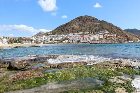 Costa de Cabo de Gata en octubre, con rocas cubiertas de algas verdes y el mar azul. Al fondo, el pueblo blanco se alza en la ladera de una montaña.