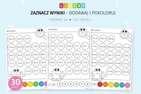 Karty pracy z dodawaniem i kolorowankami dla dzieci, z przykładami matematycznymi w kółkach.
