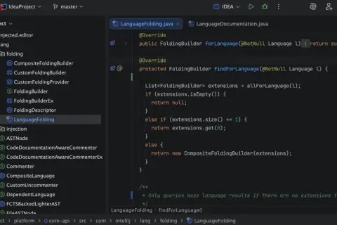 Un développeur travaille sur une idée Java, explorant la classe `LanguageFolding` dans un IDE.