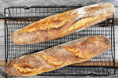 Zwei knusprige, goldbraune Sauerteig Baguettes liegen auf einem schwarzen Gitterrost.