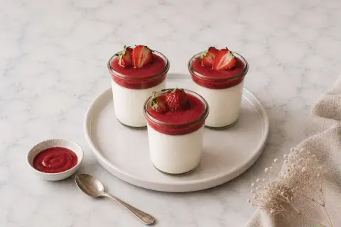 Trois panna cotta crémeux, nappés de coulis de fraises et ornés de fruits frais, sur une assiette avec une petite coupelle de coulis et une cuillère.