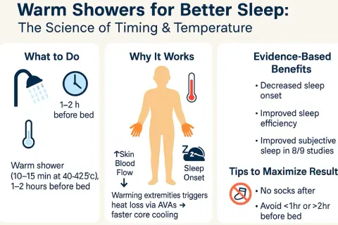Warm showers 1-2 hours before bed can help you fall asleep faster. This infographic explains how do hot showers make you sleepy by triggering heat loss.