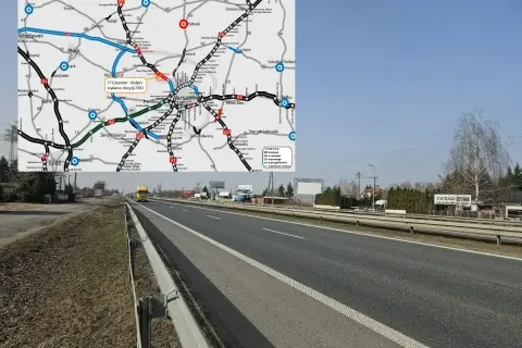 Droga krajowa S7 w pobliżu Warszawy, z widokiem na autostradę i mapę z zaznaczonym przebiegiem trasy.
