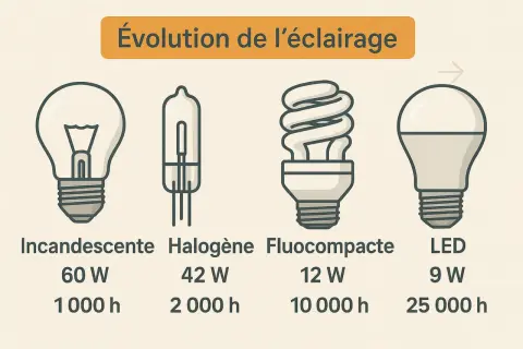 Comparaison visuelle de l'évolution de l'éclairage : ampoule incandescente, halogène, fluocompacte et LED, montrant la différence ampoule halogène et LED en termes de consommation et durée de vie.