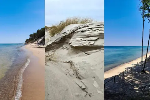 Trzy ujęcia dzikich plaż nad Bałtykiem: piaszczyste wydmy, spokojne morze i lasy porastające klify.