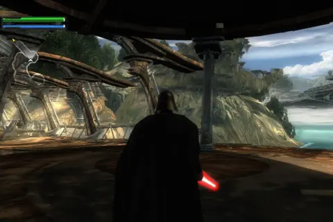 Darth Vader mit rotem Lichtschwert auf einer Plattform, im Hintergrund ein Sternenzerstörer. Das Spiel "The Force Unleashed" auf der Switch.