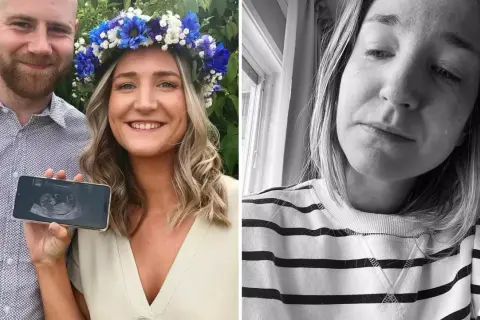 Fanni Days: Ett lyckligt par visar upp ett ultraljud. Till höger, en närbild av Fanni med tårar i ögonen.