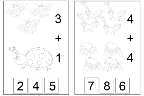 Ilustracja z zadaniami matematycznymi dla dzieci: biedronka i motyle po lewej, mrówki i pająki po prawej.