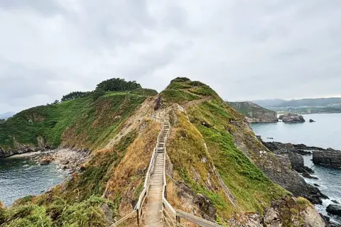 Sendero de madera asciende por una colina verde, con el mar y rocas al fondo. Parece el fuciño do porco, un camino salvaje.