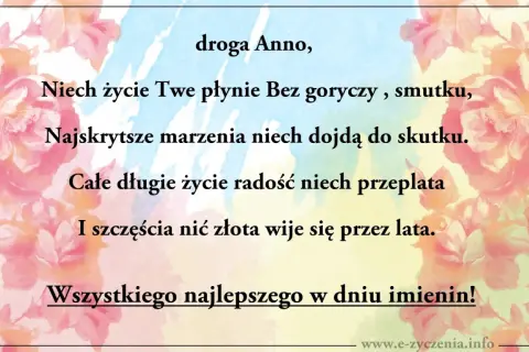 Wiersz z życzeniami dla Anny z okazji imienin. Tło zdobią akwarelowe róże.