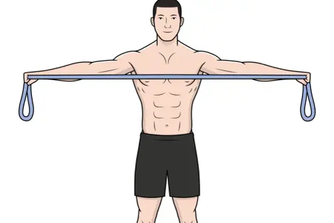 Homme effectuant un exercice trapèze inférieur avec une bande élastique, bras tendus horizontalement.