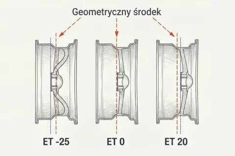 Ilustracja porównuje trzy felgi z różnym et: ET -25, ET 0 i ET 20. Pokazuje, jak zmienia się położenie geometrycznego środka felgi względem jej płaszczyzny montażowej.