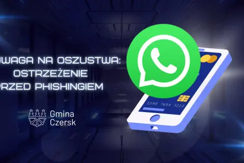 Uwaga na oszustwa! Ostrzeżenie przed phishingiem i loterie SMS oszustwo. Ikona WhatsApp i karta płatnicza na tle futurystycznej hali.