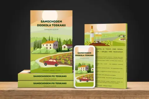 Przewodnik po Toskanii "Samochodem Dookoła Toskanii" z planem wycieczki, ilustracją winnic i czerwonego auta.
