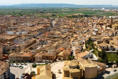 Vista aérea de Ejea de los Caballeros, con sus tejados de teja y la iglesia. ¡Imagínate las fiestas ejea de los caballeros desde aquí!