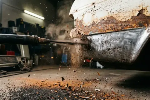Sandstrahlgerät entfernt Rost von einem alten Auto. Rostige Metallteile fliegen durch die Luft.