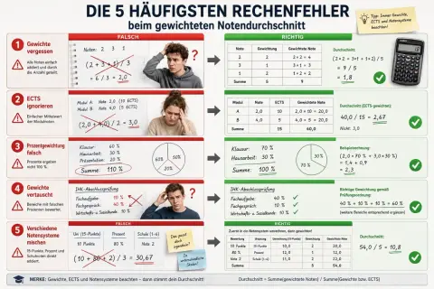 Fünf häufige Fehler beim gewichteten Notendurchschnitt: Gewichte vergessen, ECTS ignorieren, falsche Prozentgewichtung, vertauschte Gewichte und das Mischen verschiedener Notensysteme.