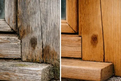 Legno effetto invecchiato bianco: prima e dopo il restauro. Il legno usurato dal tempo viene riportato al suo splendore naturale.
