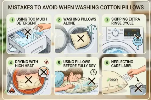 Learn how to wash pillows correctly by avoiding these mistakes: too much detergent, washing alone, skipping rinse, high heat drying, using before dry, and ignoring care labels.