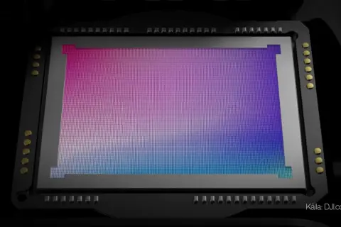 Kamerans sensor med pixlar som visar en färggradient från rosa till blått, en visuell representation av exponering.