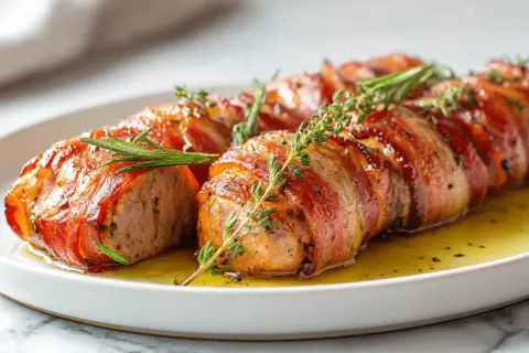 Saftiges Schweinefilet im Speckmantel, goldbraun gebraten, mit Rosmarin und Thymian garniert, serviert in einer leichten Sauce.