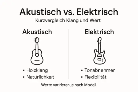 Vergleich von Akustik- und E-Gitarren. Was ist eine Gitarre? Akustische Gitarren bieten Holzklang, elektrische Gitarren Tonabnehmer.