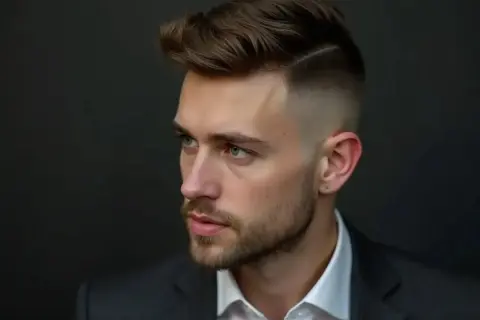 Hombre con moderno peinado, corte degradado y tupé. Un estilo que define los peinados hombre actuales.