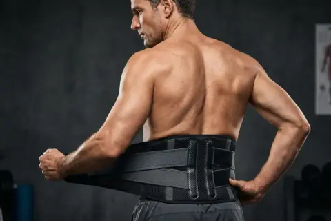 Un homme ajuste une ceinture de soutien pour les spinaux lombaires dans une salle de sport.