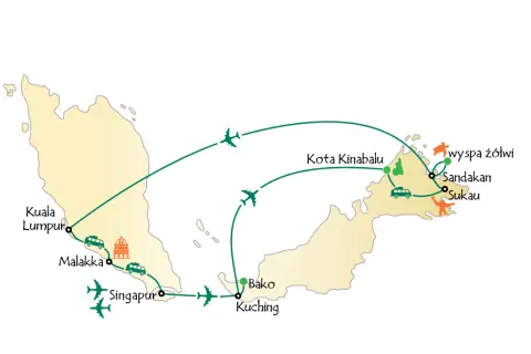 Mapa podróży po Borneo, największej wyspie Azji, z zaznaczonymi miastami: Kuala Lumpur, Malakka, Singapur, Bako, Kuching, Kota Kinabalu, Sandakan, Sukau i Wyspa Żółwi.