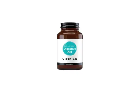 Butelka z brązowego szkła z kapsułkami. Na etykiecie napis "Digestive Aid", sugerujący naturalne enzymy trawienne wspomagające trawienie.