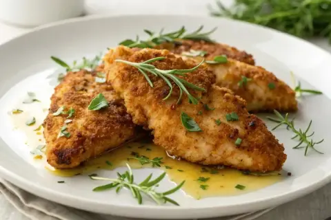 Trois aiguillettes de poulet au four, dorées et croustillantes, nappées d'une sauce légère et garnies de romarin frais. Un délice simple et savoureux.
